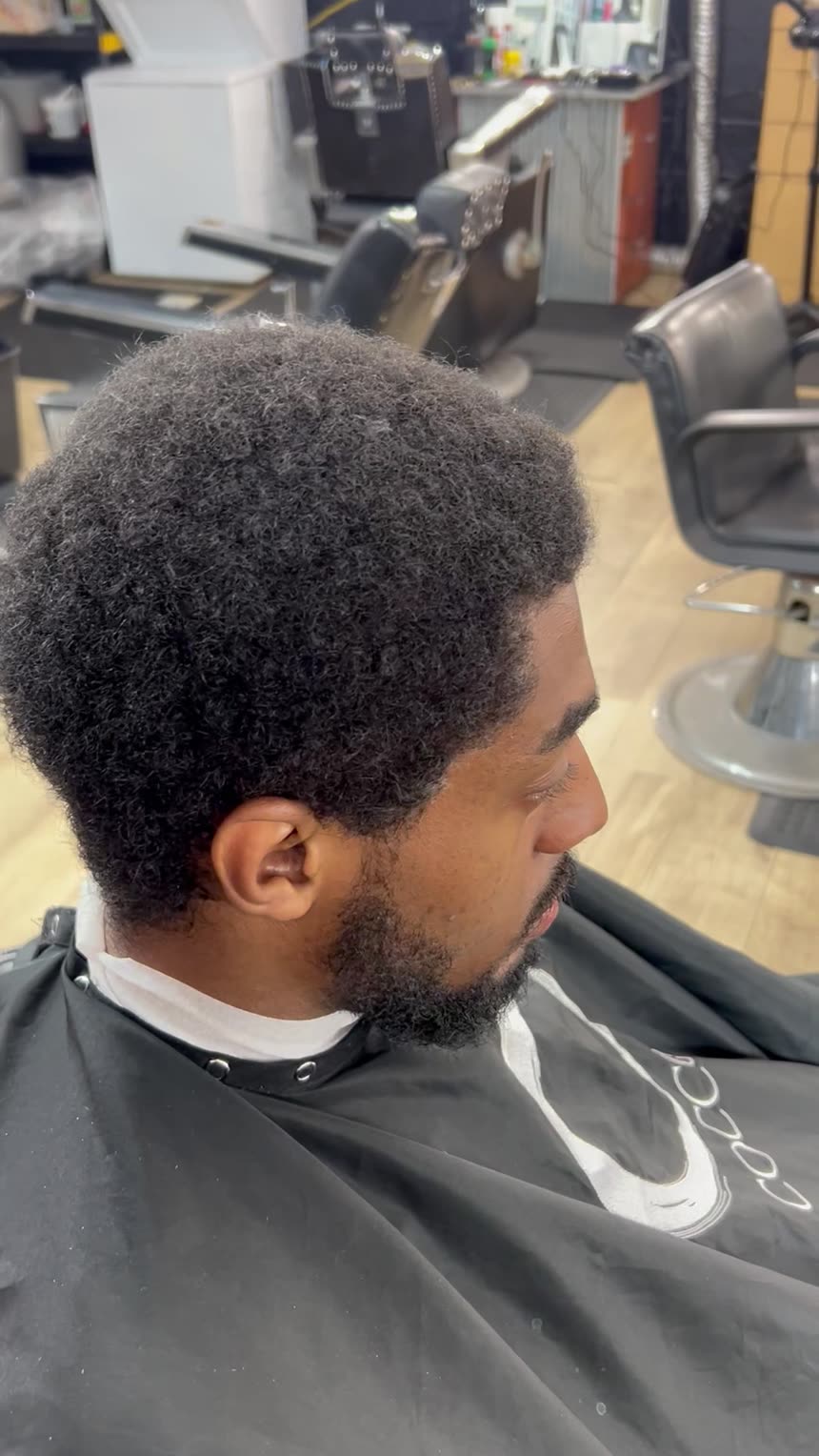 Before — grown-out afro, no shape